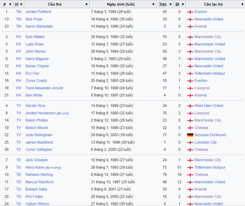 Danh sách tuyển thủ Anh có mặt tại Qatar