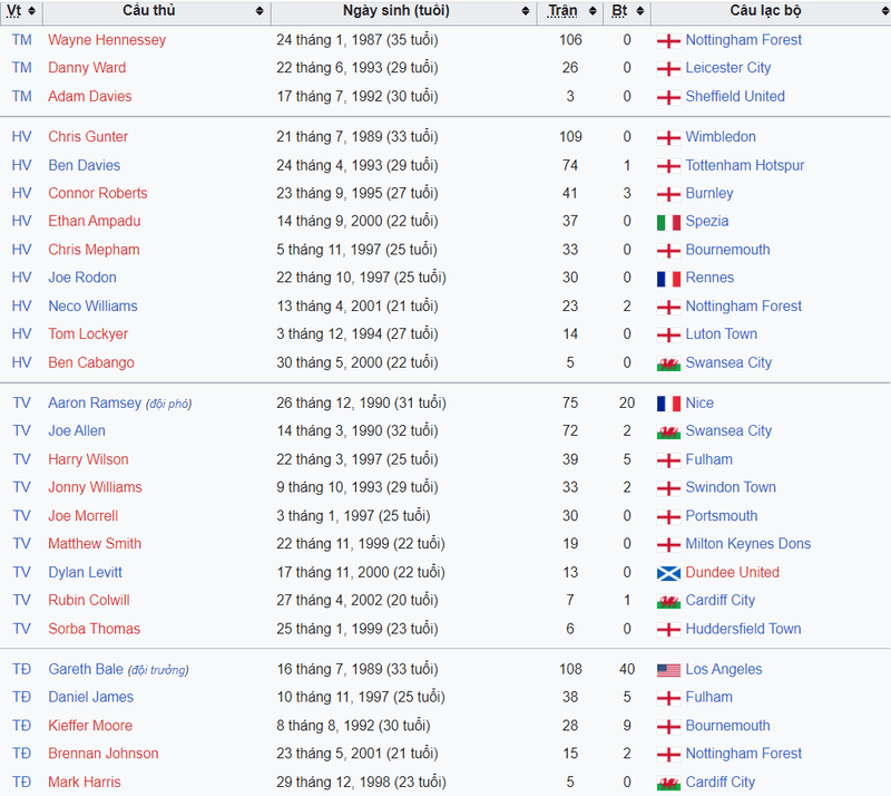 Danh sách tham dự world cup của đội tuyển Xứ Wales