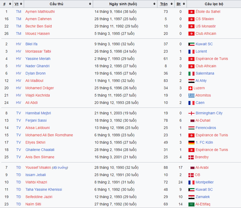 Danh sách tham dự world cup 2022 của đội tuyển Tunisia